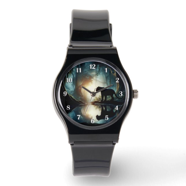 Relógio Pantera Negra Refletida na Piscina de Água na Selv (Frente)