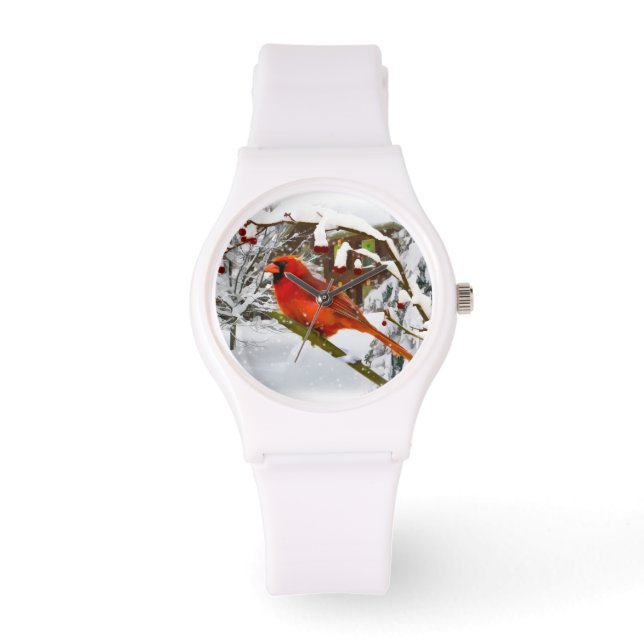 Relógio Pássaro Cardeal na Neve (Frente)