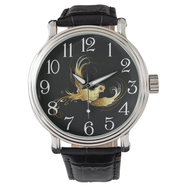 Relógio Pássaro ouro sobre fundo preto (Frente)