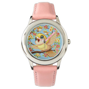 Relógio Pássaros bonitos e felizes entre as flores da prim