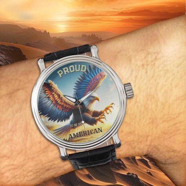 Relógio Patriota Clássico Colorido da Águia Balda (Watch featuring a colorful painting of a landing bald eagle with spread wings - patriot gift)