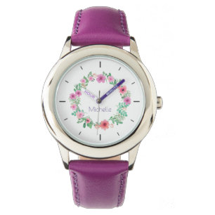 Relógio Patrulha Floral Roxo Elegante, nome personalizado 