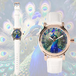 Relógio Pavão maravilhoso com palha e plumagem dourada<br><div class="desc">Este Observatório apresenta um design de pavão maravilhoso em cores maravilhosas,  azuis reais e douradas. Motif romântico e elegante. Presente perfeito e personalizável para qualquer ocasião.</div>