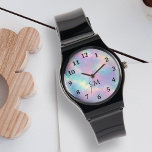Relógio Pedra Óptica Holográfica Falsa Colorida<br><div class="desc">Elevem o seu estilo com esta Colorida Watercolor Faux Holographic Stone Watch! Apresentando uma textura de aquarela inspirada no opal mesmerizante em seu centro, este relógio é funcional e em moda. Números de tipografia preta rodeiam o design, enquanto suas iniciais ou monograma podem ser personalizados em um roteiro preto elegante...</div>
