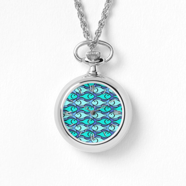 Relógio Peixe Moderno de Meados do Século, azul e aqua (Frente)