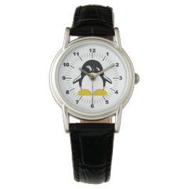 Relógio Penguin Black Leather Strap, de mulheres