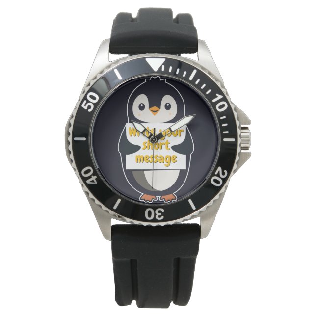Relógio Penguin illustration holding customizable sign (Frente)