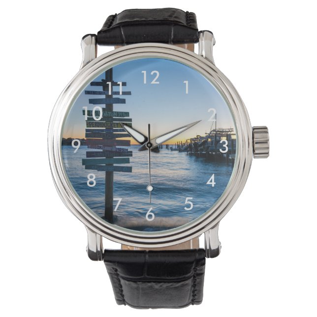 Relógio Pensacola Bay Sinal Sunset Por Dock Wrist Watch (Frente)
