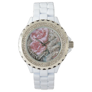 Relógio Pérolas Vintage e Padrão de Rosas Rosa