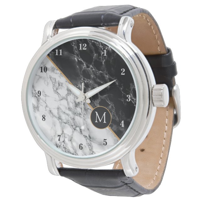 Relógio Personalizar a sua letra Black White Marble Watch (Angular)