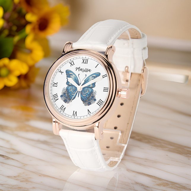 Relógio Personalizar as mulheres do nome Elegante Blue But (Womens' watch feature an adorable blue tones butterfly illustration, with space to add name)