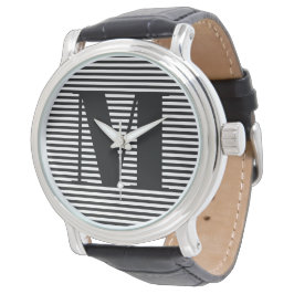 Relógio Personalizar faixas brancas pretas iniciais do mon