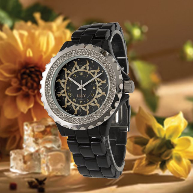 Relógio Personalizar o nome Mandala Dourado Monograma (Criador carregado)