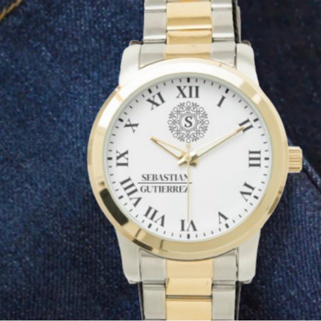 Relógio Personalized Black and white Monogrammed   (Criador carregado)