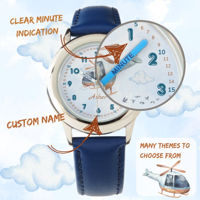 Relógio Personalized Blue Boys Helicopter Learning Time (Criador carregado)