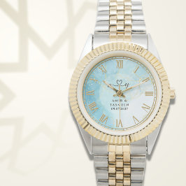 Relógio Personalized Blue Marble Men’s Two-Tone Gold & Sil