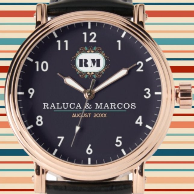 Relógio Personalized couple names blue navy monogram (Criador carregado)