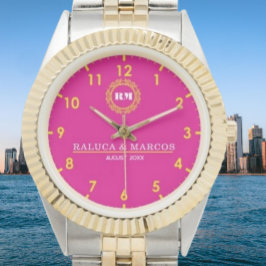 Relógio Personalized couple names monogram pink and yellow
