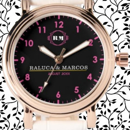 Relógio Personalized couple names monogram pink black