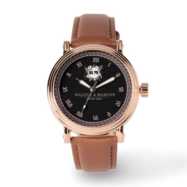 Relógio Personalized Floral Monogram for Newlyweds (Frente)