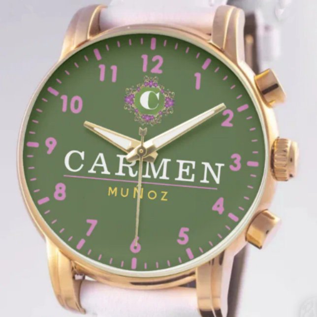 Relógio Personalized Green Dial Elegant Custom Name Design (Criador carregado)