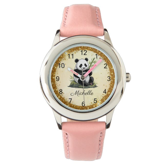 Relógio Personalized Panda Bear With Greenery Bamboo Gold (Frente)