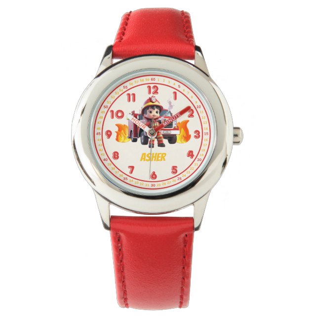 Relógio Personalized Red Cute Boy Firefighter Kids (Frente)