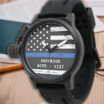 Relógio Personalized Thin Blue Line Badge Number Police<br><div class="desc">Celebrate and show your appreciation to an outstanding Police Officer with this Thin Blue Line Police Watch - American flag design in Police Flag colors, distressed design . Perfect for service awards and Police Graduation gifts or police retirement gifts. Personalize with badge number. COPYRIGHT © 2020 Judy Burrows, Black Dog...</div>