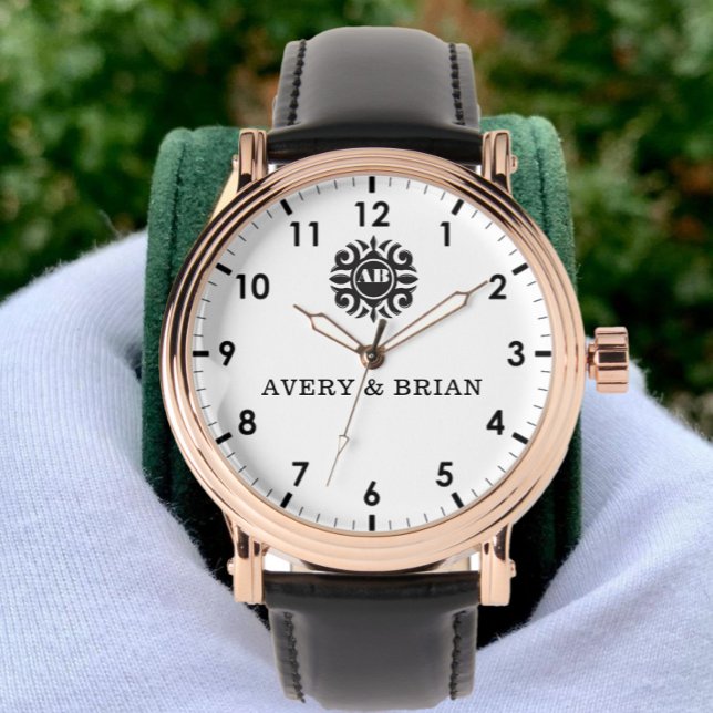 Relógio Personalized white black Custom name monogram  (Criador carregado)