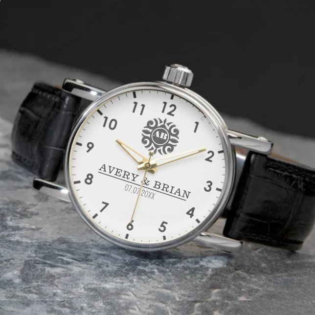 Relógio Personalized white black Custom name monogram  (Criador carregado)