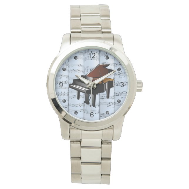 Relógio Piano ~ Folha Rolada Música ~ Tinta Azul Fundo (Frente)
