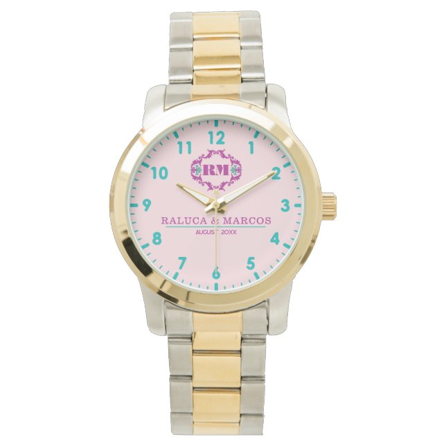 Relógio Pink elegant wedding gift watch couple names  (Frente)