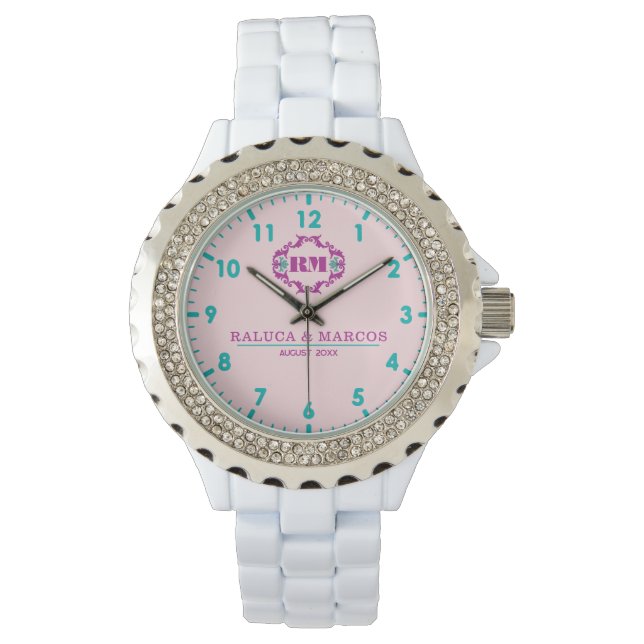 Relógio Pink elegant wedding gift watch couple names  (Frente)