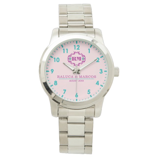 Relógio Pink elegant wedding gift watch couple names  (Frente)
