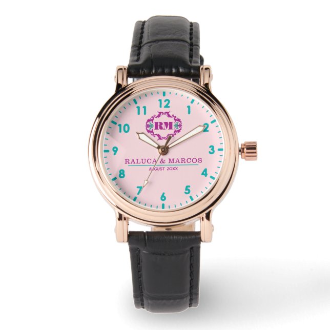 Relógio Pink elegant wedding gift watch couple names  (Frente)