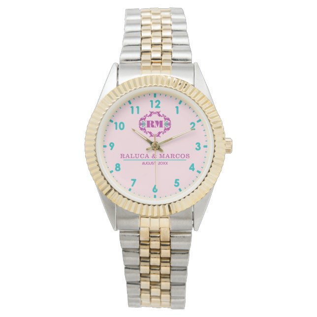 Relógio Pink elegant wedding gift watch couple names  (Frente)