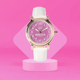 Relógio Pink Personalized with White LeatherMonogram Femin