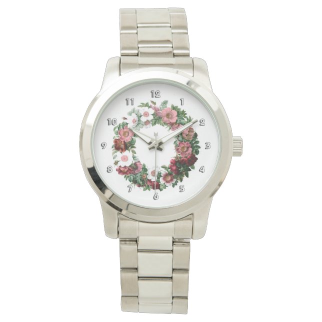 Relógio Pink & White Rose Wreath (Frente)