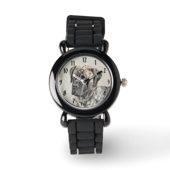 Relógio Pintura do Mastiff Inglês (Brindle) - Arte Canina (Frente)
