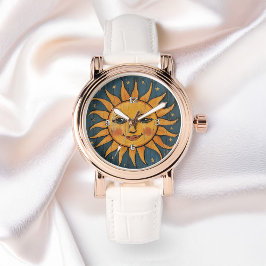 Relógio Pintura Folclórica Face Sun Nos Planks De Madeira 