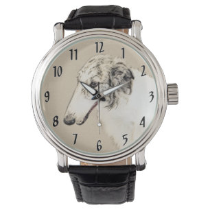 Relógio Pintura Original de Cachorro Borzoi (Silver Brindl