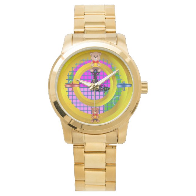 Relógio Planos Vermelhos Azuis-Ursinho-Bowtie Anéis Dourad (Frente)
