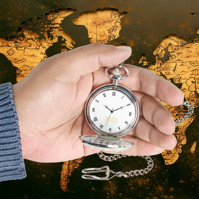 Relógio Pocket de prata monograma Dourado de Timepece Clás (Classic Timepiece Gold Monogram Silver Pocket Watch)