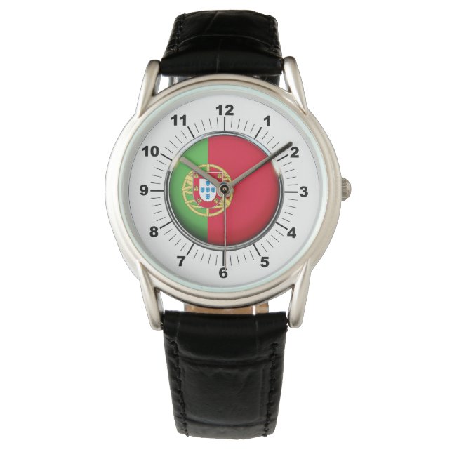 Relógio Portugal Bandeira Crown Black Leather Watch (Frente)