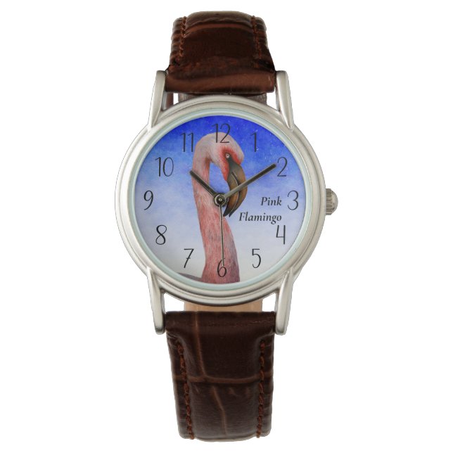 Relógio Poster de Pintura de Aquarela Flamingo Rosa (Frente)