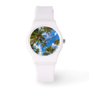 Relógio Praias Tropicais   Palmeiras sobre o céu azul