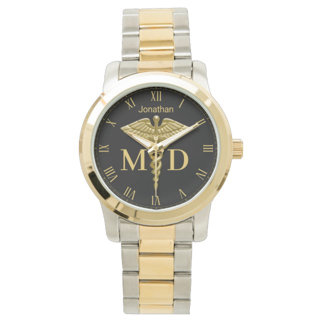 Relógio Precioso Médico Dourado Caduceus Médico MD W (Frente)