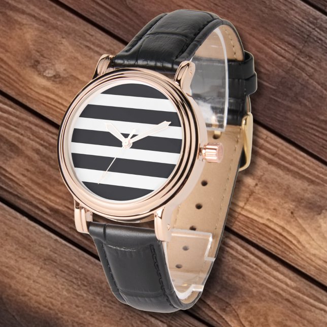 Relógio Preto Clássico Elegante Liras Brancas Pretas e Cou (Elegant Classic Black and White Stripes Leather Straps and Gold Face Watch for Women.)