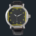 Relógio Preto e Dourado Que Aço<br><div class="desc">Você vai adorar esse relógio bonito com um rosto preto e amarelo-ouro e números amarelos.</div>