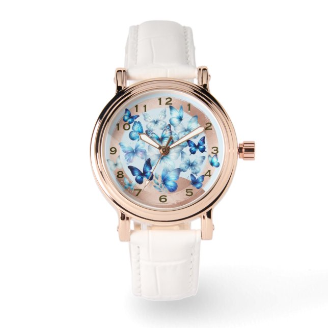 Relógio Pretty Rose Gold Look Blue Butterfly eWatch Watch (Frente)